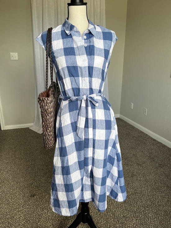Joules Dresses & Skirts - 100% Linen Navy Blue White Gingham Midi Dress Button Front with Pockets Size 4